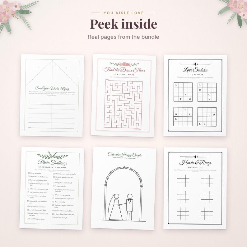 May include: A collection of six printable wedding activity sheets featuring black text and line art on white paper. The pages include Send Your Wishes Flying, Find the Dance Floor maze, Love Sudoku, Photo Challenge, Color the Happy Couple, and Hearts & Rings tic-tac-toe. The header text reads You Aisle Love Peek inside.