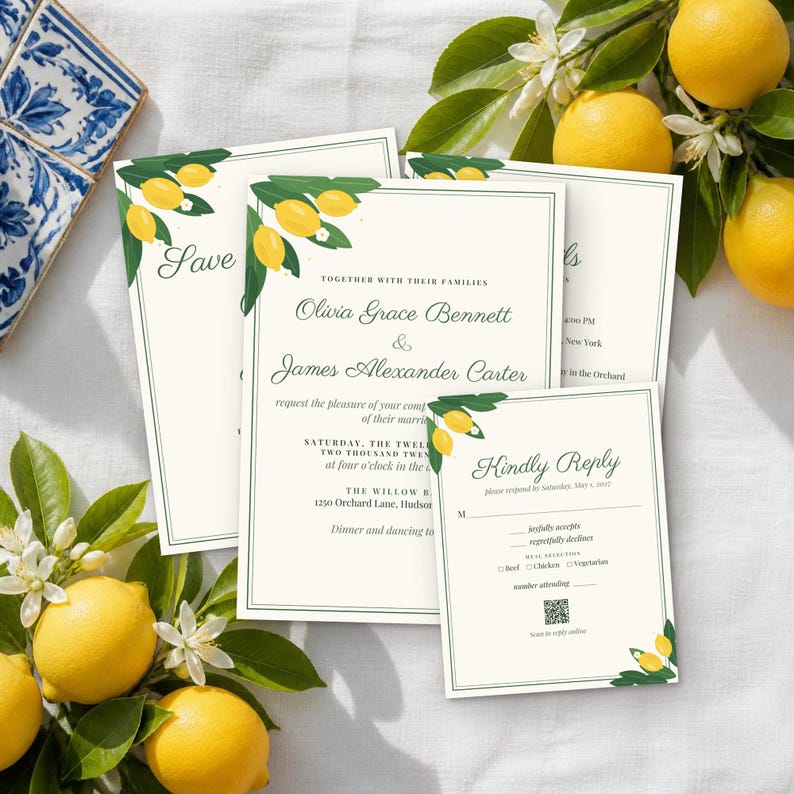 May include: A wedding invitation suite featuring cream-coloured cardstock with a green border and lemon illustrations. The text includes names Olivia Grace Bennett and James Alexander Carter, with a Kindly Reply card and a QR code for online responses.