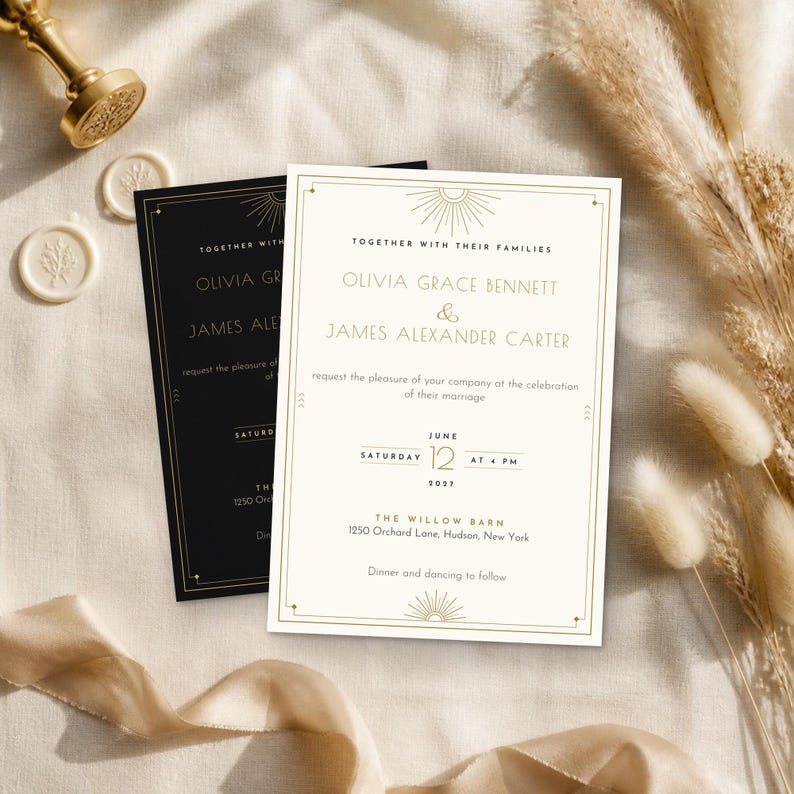 May include: Two rectangular wedding invitation cards, one black and one cream, featuring gold-toned geometric borders and sunburst motifs. The text includes the names Olivia Grace Bennett and James Alexander Carter, the date June 12, 2027, and the venue location.