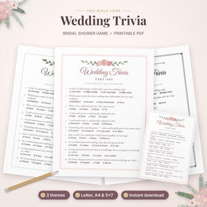 May include: A printable Wedding Trivia bridal shower game featuring a floral header, ten multiple-choice questions, and a wooden pencil. The text includes 'Wedding Trivia', 'Part One', and various questions about wedding traditions.