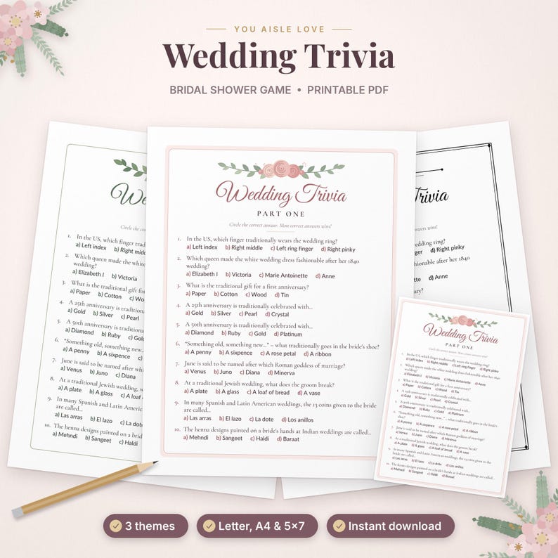 May include: A printable Wedding Trivia bridal shower game featuring a floral header, ten multiple-choice questions, and a wooden pencil. The text includes 'Wedding Trivia', 'Part One', and various questions about wedding traditions.