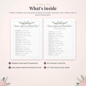 May include: Two white paper sheets featuring the game Who Knows the Bride Best with fifteen multiple-choice questions and a host answer sheet. The design includes green leaf illustrations at the top and text detailing the contents.