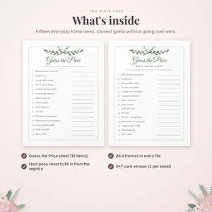 May include: Two white printable game sheets titled Guess the Price with green leaf illustrations. The sheets list fifteen household items like a bath towel set, stand mixer, and air fryer with blank lines for writing estimated prices.
