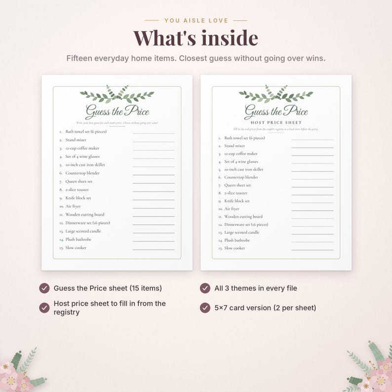 May include: Two white printable game sheets titled Guess the Price with green leaf illustrations. The sheets list fifteen household items like a bath towel set, stand mixer, and air fryer with blank lines for writing estimated prices.
