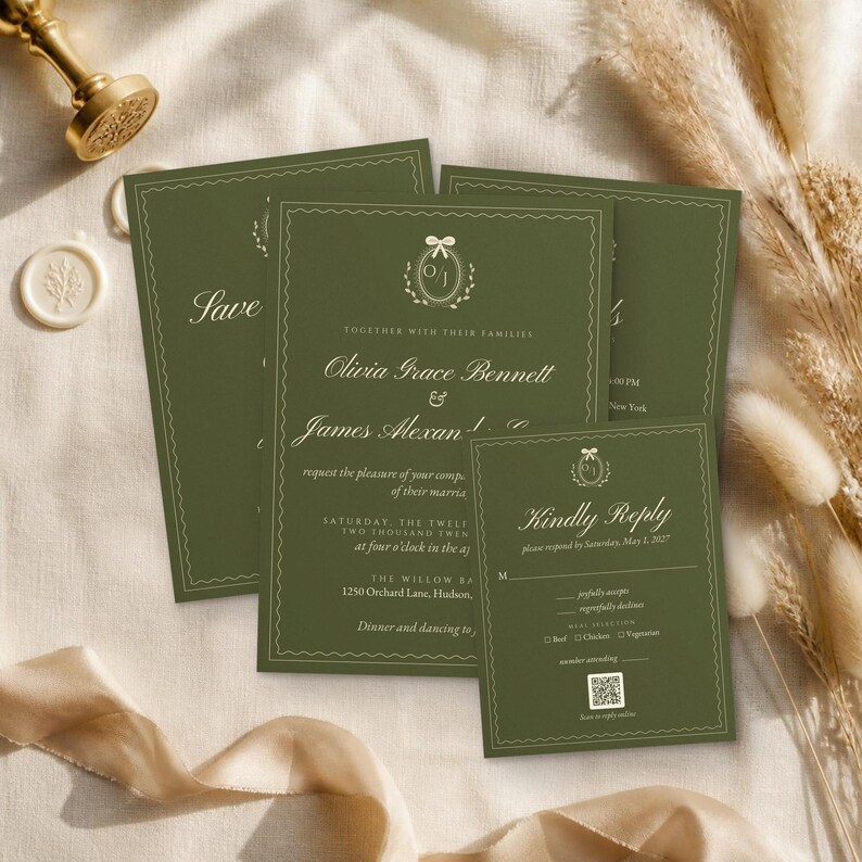 May include: A set of olive green wedding stationery featuring white text, a decorative border, and a small bow emblem. The cards include a wedding invitation for Olivia Grace Bennett and James Alexander, a save the date, and a reply card with a QR code.