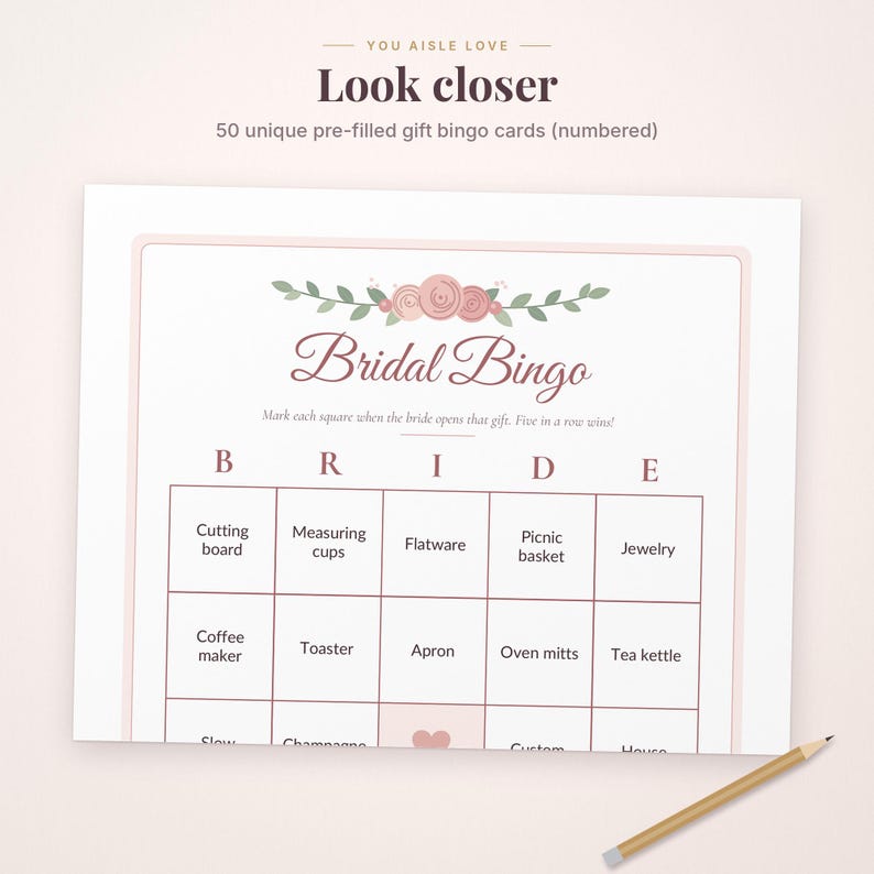 May include: A white Bridal Bingo game card featuring a floral header with pink roses and green leaves. The text reads Bridal Bingo, Mark each square when the bride opens that gift, Five in a row wins!, and lists items like Cutting board, Measuring cups, Flatware, Picnic basket, Jewelry, Coffee maker, Toaster, Apron, Oven mitts, and Tea kettle.