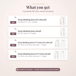 May include: Four printable PDF files titled Emoji_Wedding_Quiz_US-Letter.pdf, Emoji_Wedding_Quiz_A4.pdf, Emoji_Wedding_Quiz_5x7-Cards_US-Letter.pdf, and Emoji_Wedding_Quiz_5x7-Cards_A4.pdf, featuring wedding quiz game sheets.