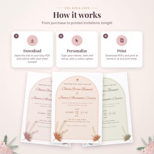 May include: An instructional graphic titled How it works with three steps: Download, Personalize, and Print. Below are three wedding invitation templates featuring an arched frame, sun icon, and dried palm leaf illustrations.