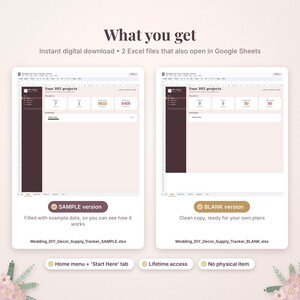 May include: Two digital spreadsheet templates for tracking DIY wedding decor projects, including a sample version with example data and a blank version for personal use. The interface features a dark sidebar and light background.