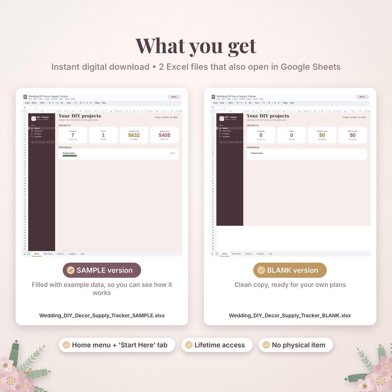 May include: Two digital spreadsheet templates for tracking DIY wedding decor projects, including a sample version with example data and a blank version for personal use. The interface features a dark sidebar and light background.