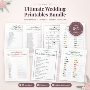 May include: A digital collection of wedding game printables titled Ultimate Wedding Printables Bundle, featuring sheets for Bridal Bingo, Wedding Word Scramble, and Name That Love Song, with a circular badge indicating an 85% savings.