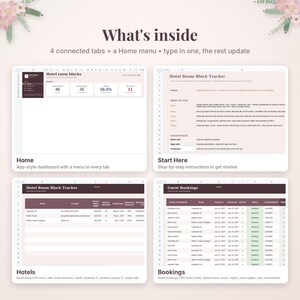 Puede incluir: Una plantilla de hoja de c&aacute;lculo digital para el seguimiento de bloques de habitaciones de hotel con cuatro pesta&ntilde;as conectadas y un men&uacute; de inicio. La interfaz incluye secciones para inicio, instrucciones, hoteles y reservas.