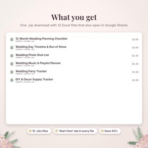 May include: A digital product listing titled What you get, featuring a list of 12 Excel files including a 12-Month Wedding Planning Checklist, Wedding Day Timeline, Photo Shot List, Music & Playlist Planner, Wedding Party Tracker, and DIY & Decor Supply Tracker.