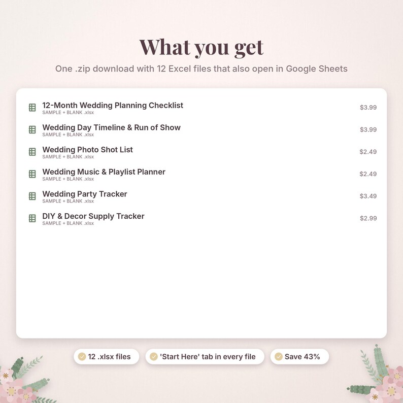 May include: A digital product listing titled What you get, featuring a list of 12 Excel files including a 12-Month Wedding Planning Checklist, Wedding Day Timeline, Photo Shot List, Music & Playlist Planner, Wedding Party Tracker, and DIY & Decor Supply Tracker.