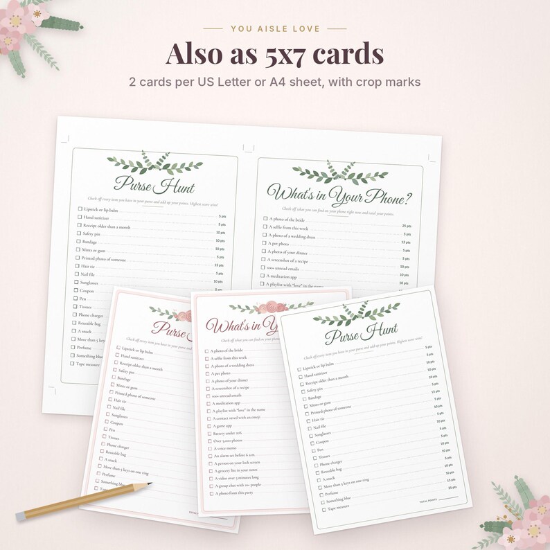 Möhippa-lek: Handväskajakt och telefoninnehåll, salviagrönt, rodnande blommor (PDF-nedladdning) bild 5