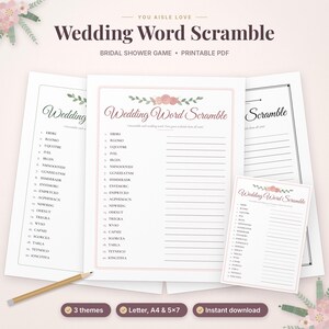 May include: A printable wedding word scramble game featuring a list of twenty scrambled words, blank lines for answers, and a floral header. The document includes the text "Wedding Word Scramble" and "Unscramble each wedding word. Your guess to finish them all win!" with a pencil.