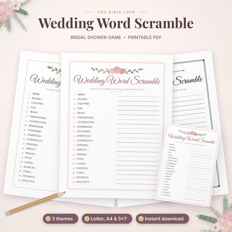 May include: A printable wedding word scramble game featuring a list of twenty scrambled words, blank lines for answers, and a floral header. The document includes the text "Wedding Word Scramble" and "Unscramble each wedding word. Your guess to finish them all win!" with a pencil.
