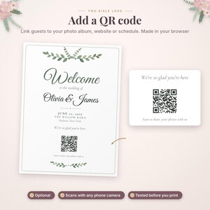 May include: A wedding welcome sign and a separate card featuring green leaf illustrations, black text, and QR codes. The sign reads Welcome to the wedding of Olivia & James, June 12, 2027, The Willow Barn, Hudson, New York, and Scan to share your photos with us.