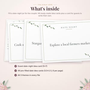 May include: A set of date night idea cards featuring white rectangular paper with green leaf illustrations. Text includes What's inside, Date Night, Cook a, Stargaze, and Explore a local farmers market. Includes 5x7 inch guest cards and 3.5x2.5 inch pre-filled cards.