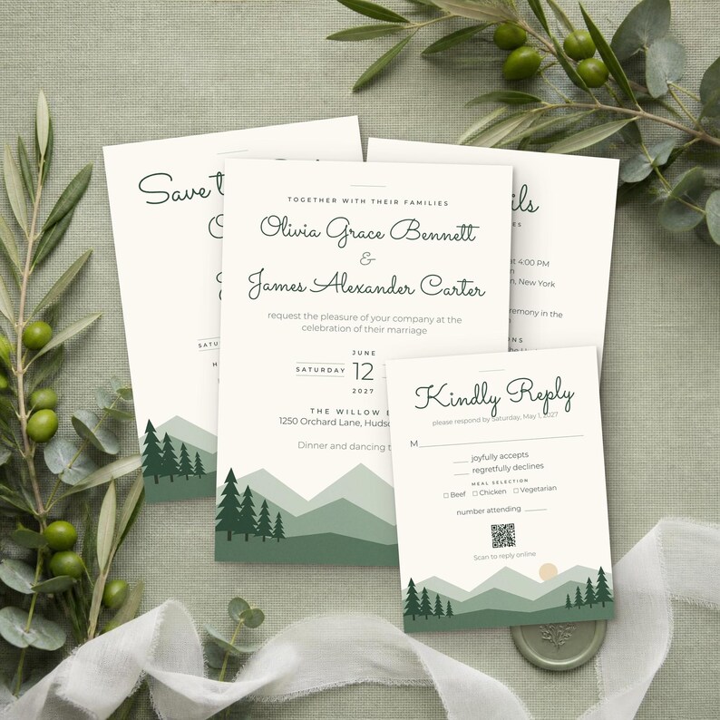 May include: A set of wedding stationery featuring cream-colored cards with dark green mountain and pine tree illustrations at the bottom. The text includes names Olivia Grace Bennett and James Alexander Carter, with details for a June 12, 2027 wedding.