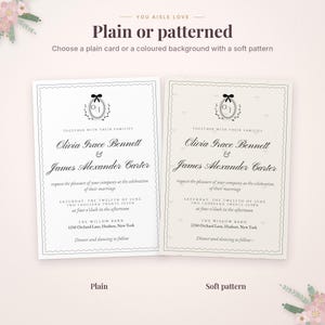 K&ouml;nnte beinhalten: Zwei Hochzeitseinladungskarten mit dem Text "Plain or patterned" und "Choose a plain card or a coloured background with a soft pattern." Die Karten zeigen die Namen Olivia Grace Bennett und James Alexander Carter.
