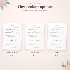May include: Three wedding invitation cards featuring the text You Aisle Love, Three colour options, Black & White, Warm Sand, Olive. Each card displays the names Olivia Grace Bennett and James Alexander Carter with event details for June 12, 2027.