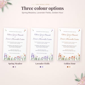 May include: Three wedding invitation cards with the text "You aisle love" and "Three colour options". The designs are titled Spring Meadow, Lavender Fields, and Golden Hour, each featuring floral illustrations at the bottom and wedding details.