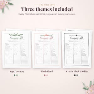 May include: Three printable emergency kit checklists with the text 'Emergency Kit' and 'Day of Checklist'. The designs include Sage Greenery, Blush Floral, and Classic Black & White themes, each featuring columns for beauty, wardrobe, and health items.