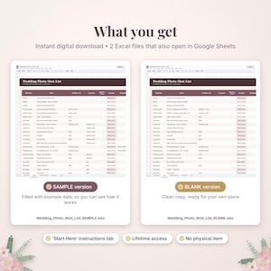 May include: Two digital spreadsheet templates for a wedding photo shot list, including a sample version with example data and a blank version for custom planning. The files are compatible with Excel and Google Sheets, featuring columns for moments, descriptions, people, locations, and priority levels.