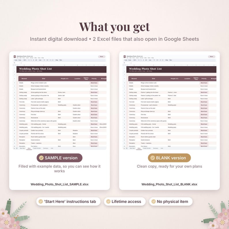 May include: Two digital spreadsheet templates for a wedding photo shot list, including a sample version with example data and a blank version for custom planning. The files are compatible with Excel and Google Sheets, featuring columns for moments, descriptions, people, locations, and priority levels.