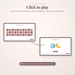 May include: A digital game interface titled You Aisle Love featuring a grid of numbered tiles labeled Pick a Puzzle. A second screen displays an ice cube and a foot icon with a reveal button. Navigation buttons for board, back, and next are included.
