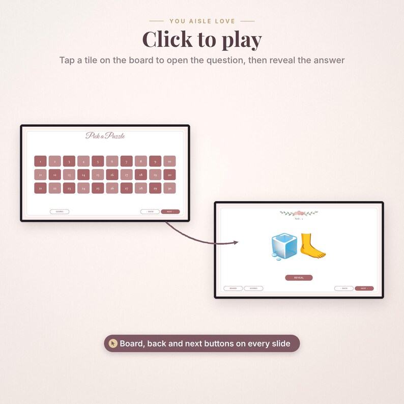 May include: A digital game interface titled You Aisle Love featuring a grid of numbered tiles labeled Pick a Puzzle. A second screen displays an ice cube and a foot icon with a reveal button. Navigation buttons for board, back, and next are included.