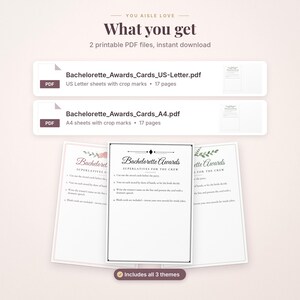 May include: Digital files titled Bachelorette Awards Superlatives for the Crew. Includes two PDF options: US Letter and A4 sheets with crop marks. Three distinct card themes are displayed, featuring floral accents and instructional text.