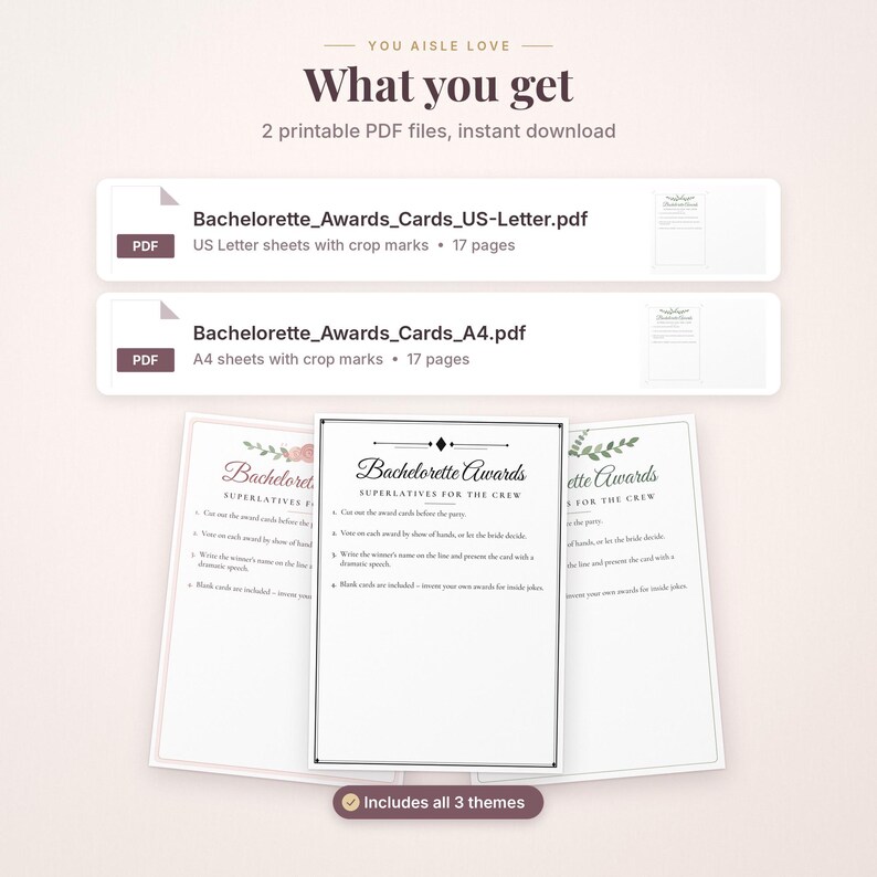 May include: Digital files titled Bachelorette Awards Superlatives for the Crew. Includes two PDF options: US Letter and A4 sheets with crop marks. Three distinct card themes are displayed, featuring floral accents and instructional text.