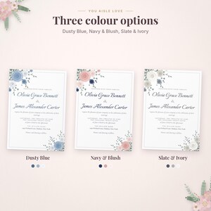 May include: Three wedding invitation templates with floral accents in dusty blue, navy and blush, or slate and ivory. Each card features the text Olivia Grace Bennett and James Alexander Carter with event details, set against a white background.