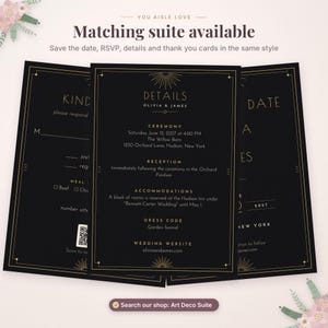May include: Three black wedding stationery cards with gold line borders and sunburst motifs. The centre card displays details for Olivia and James, including ceremony, reception, and accommodation information. The side cards show RSVP and date text.