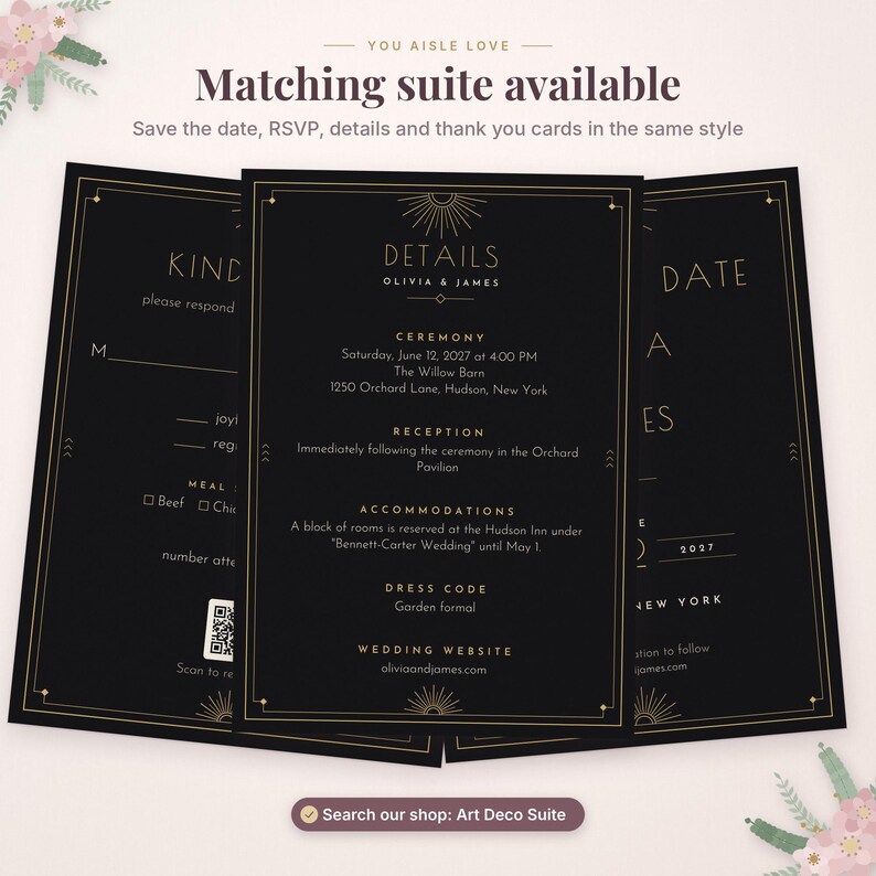 May include: Three black wedding stationery cards with gold line borders and sunburst motifs. The centre card displays details for Olivia and James, including ceremony, reception, and accommodation information. The side cards show RSVP and date text.