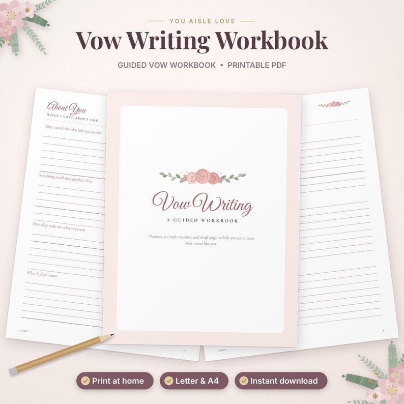 K&ouml;nnte beinhalten: Ein Vow Writing Workbook mit rosa Rand und Blumenmotiven. Das Cover tr&auml;gt den Text Vow Writing A GUIDED WORKBOOK. Zwei Innenseiten zeigen linierte Abschnitte mit Aufforderungen wie About You und What I Love About You.