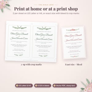 May include: A digital wedding invitation template featuring floral accents and the text Olivia Grace Bennett and James Alexander Carter. The layout shows two invitations per sheet with crop marks and a single invitation with bleed.
