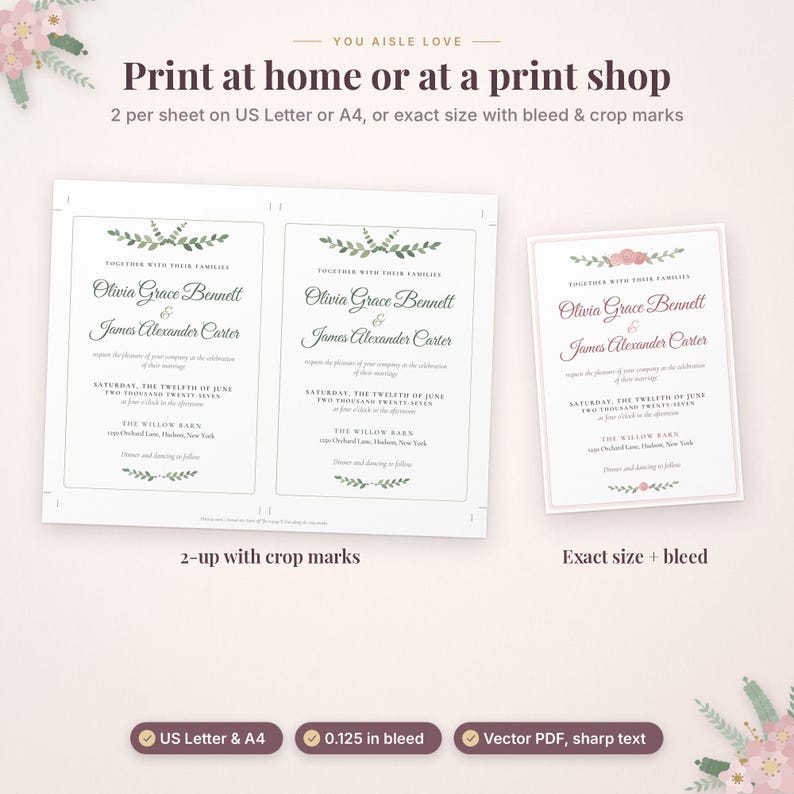 May include: A digital wedding invitation template featuring floral accents and the text Olivia Grace Bennett and James Alexander Carter. The layout shows two invitations per sheet with crop marks and a single invitation with bleed.