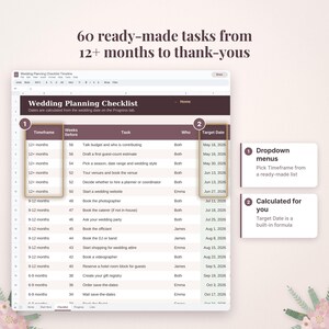 May include: A digital wedding planning checklist spreadsheet with columns for timeframe, weeks before, task, who, and target date. Text includes 60 ready-made tasks from 12+ months to thank-yous, dropdown menus, and calculated for you.