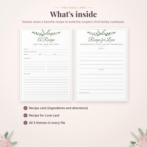 Pode incluir: Dois cart&otilde;es de receita brancos com ilustra&ccedil;&otilde;es de folhas verdes. O cart&atilde;o esquerdo &eacute; intitulado A Recipe FOR THE NEW KITCHEN com linhas para ingredientes e instru&ccedil;&otilde;es. O direito &eacute; intitulado Recipe for Love INGREDIENTS FOR A HAPPY MARRIAGE.