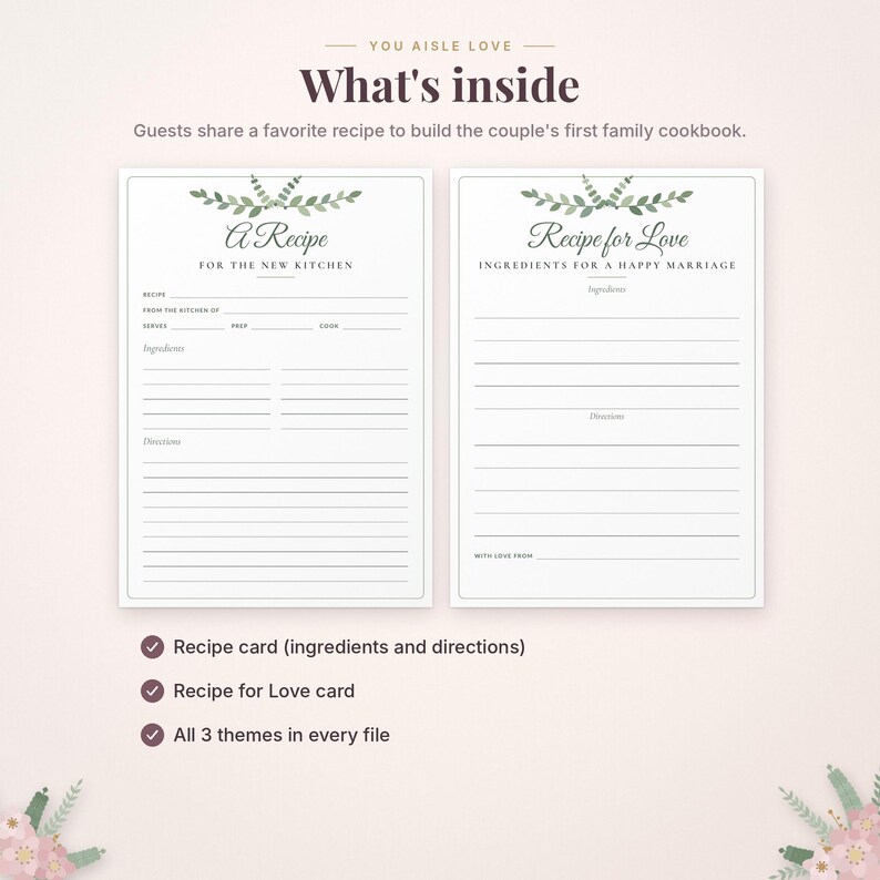 Pode incluir: Dois cart&otilde;es de receita brancos com ilustra&ccedil;&otilde;es de folhas verdes. O cart&atilde;o esquerdo &eacute; intitulado A Recipe FOR THE NEW KITCHEN com linhas para ingredientes e instru&ccedil;&otilde;es. O direito &eacute; intitulado Recipe for Love INGREDIENTS FOR A HAPPY MARRIAGE.
