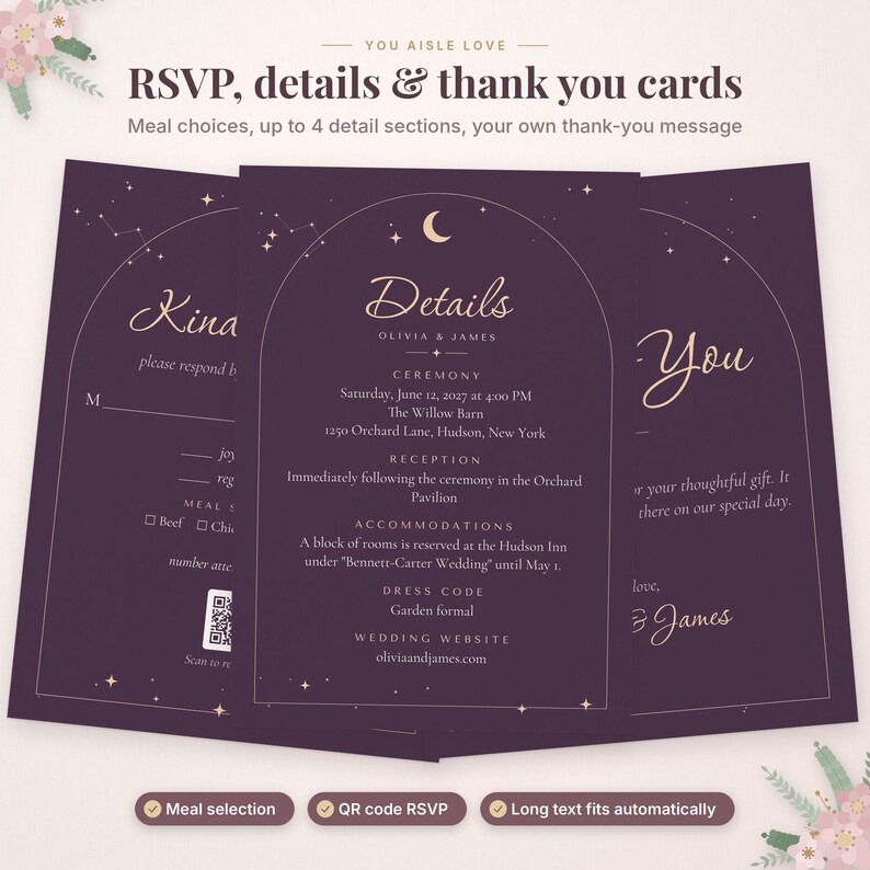 May include: A set of three dark purple wedding stationery cards featuring an arched frame, gold celestial stars, and a crescent moon. The cards include RSVP, details, and thank you text with specific event information for Olivia and James.