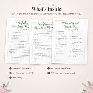 Pode incluir: Tr&ecirc;s folhas de papel brancas com um quiz de filmes rom&acirc;nticos e ilustra&ccedil;&otilde;es de folhas verdes. O texto inclui What's inside, Love Story Movie Part One, Part Two e Answer Key, listando vinte descri&ccedil;&otilde;es de enredos e t&iacute;tulos.