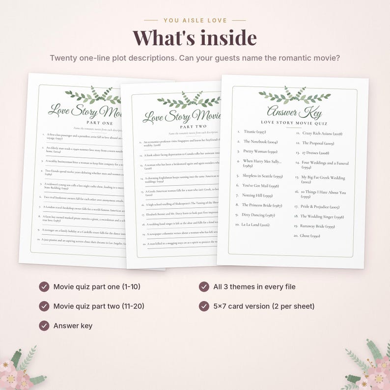 Pode incluir: Tr&ecirc;s folhas de papel brancas com um quiz de filmes rom&acirc;nticos e ilustra&ccedil;&otilde;es de folhas verdes. O texto inclui What's inside, Love Story Movie Part One, Part Two e Answer Key, listando vinte descri&ccedil;&otilde;es de enredos e t&iacute;tulos.