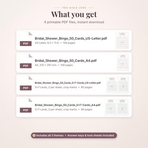 May include: A digital product listing titled You Aisle Love, featuring four printable PDF files for Bridal Shower Bingo. The files include US Letter and A4 formats, with 50 cards each, plus answer keys and host sheets in 158 or 80 pages.