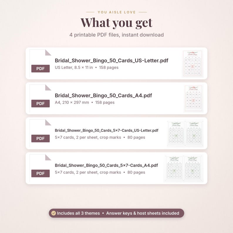 May include: A digital product listing titled You Aisle Love, featuring four printable PDF files for Bridal Shower Bingo. The files include US Letter and A4 formats, with 50 cards each, plus answer keys and host sheets in 158 or 80 pages.