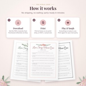 Pode incluir: Um gr&aacute;fico instrutivo intitulado You Aisle Love How it works com tr&ecirc;s passos: Download, Print e Play & laugh. Abaixo, tr&ecirc;s folhas impressas do Love Story Movie Quiz com detalhes florais e listas numeradas de perguntas sobre filmes.