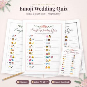 May include: A printable Emoji Wedding Quiz game sheet featuring a list of twenty emoji combinations for guests to solve. The document includes floral headers, numbered lines for answers, and a wooden pencil placed at the bottom left corner.